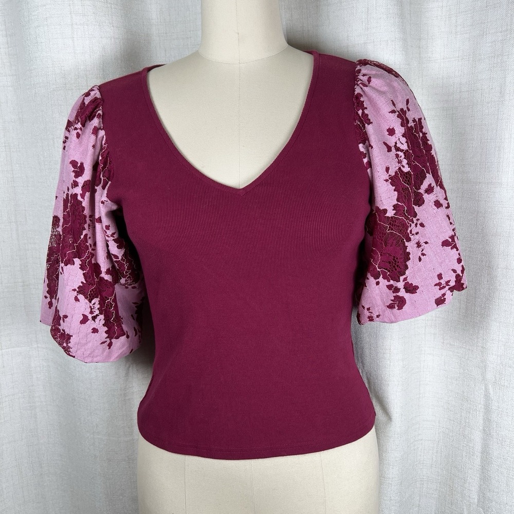 Anthropologie Dolan Left Coast Lace Puff Sleeve V-Neck Burgundy Pink Top Small